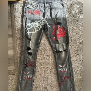 Gray/Black Skinny Jeans with Red Graffiti